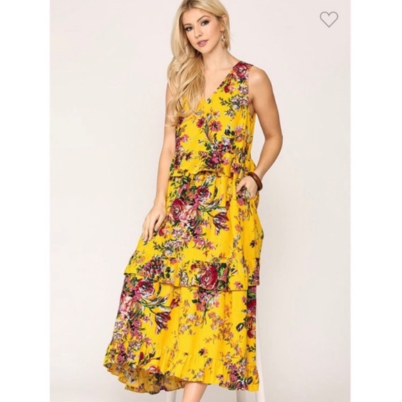 Yellow Floral ruffle maxi dress Gigio Yellow Maxi Dress - Picture 1 of 8
